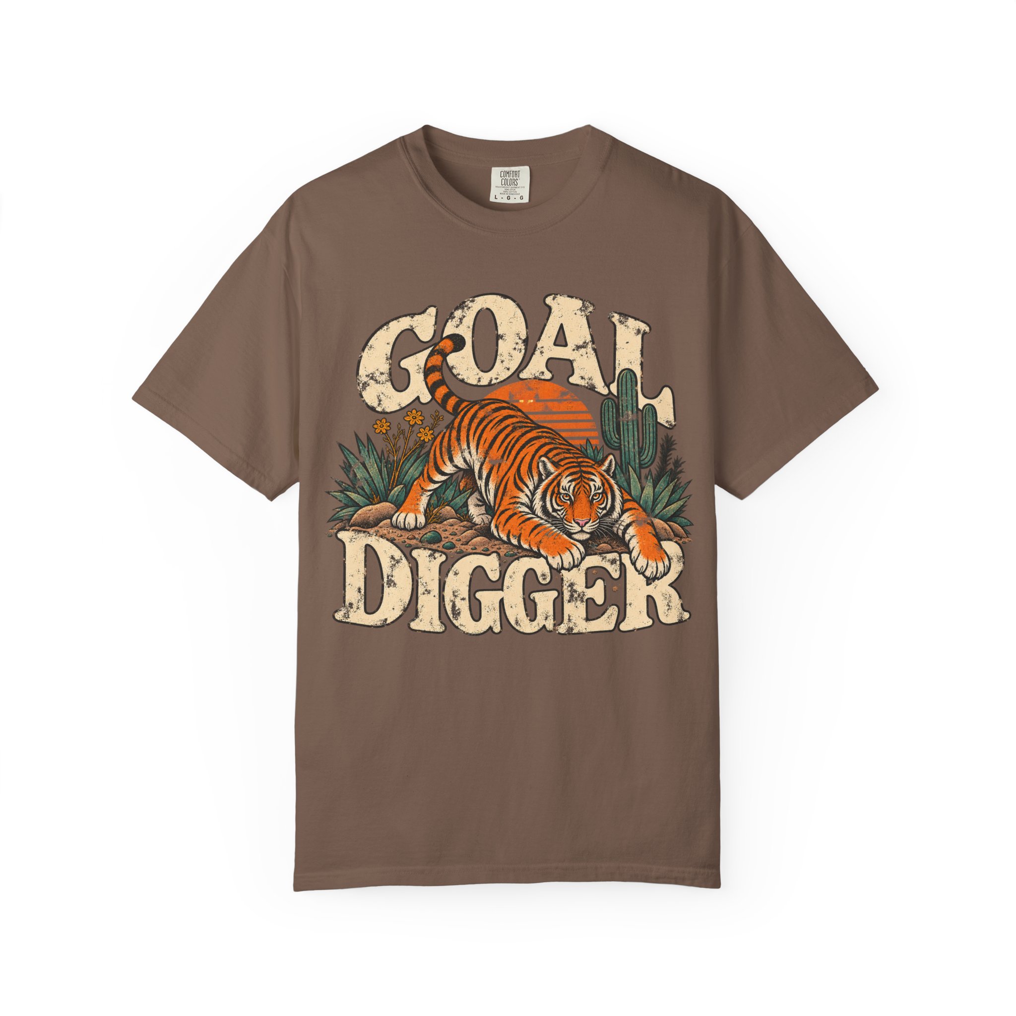 Brown Goal Digger T-shirt with cream lettering and a tiger illustration on the front.