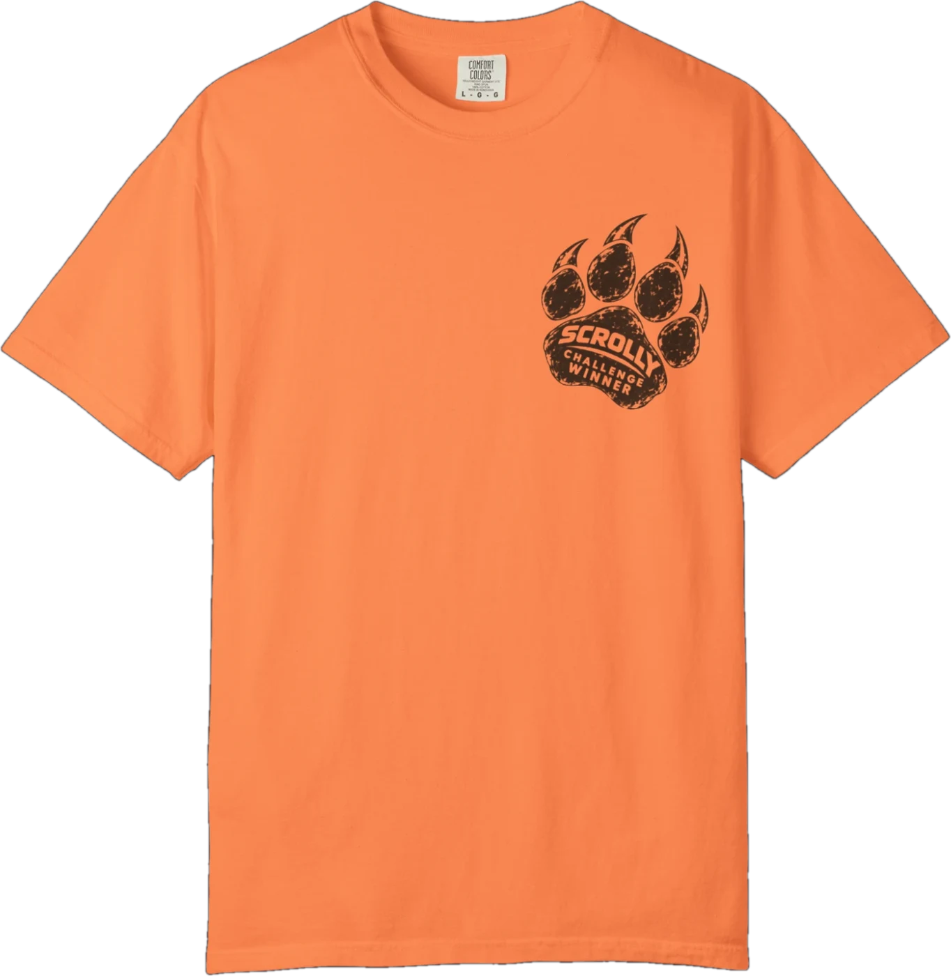 Front of the shirt: Scrolly Challenge Winner paw print