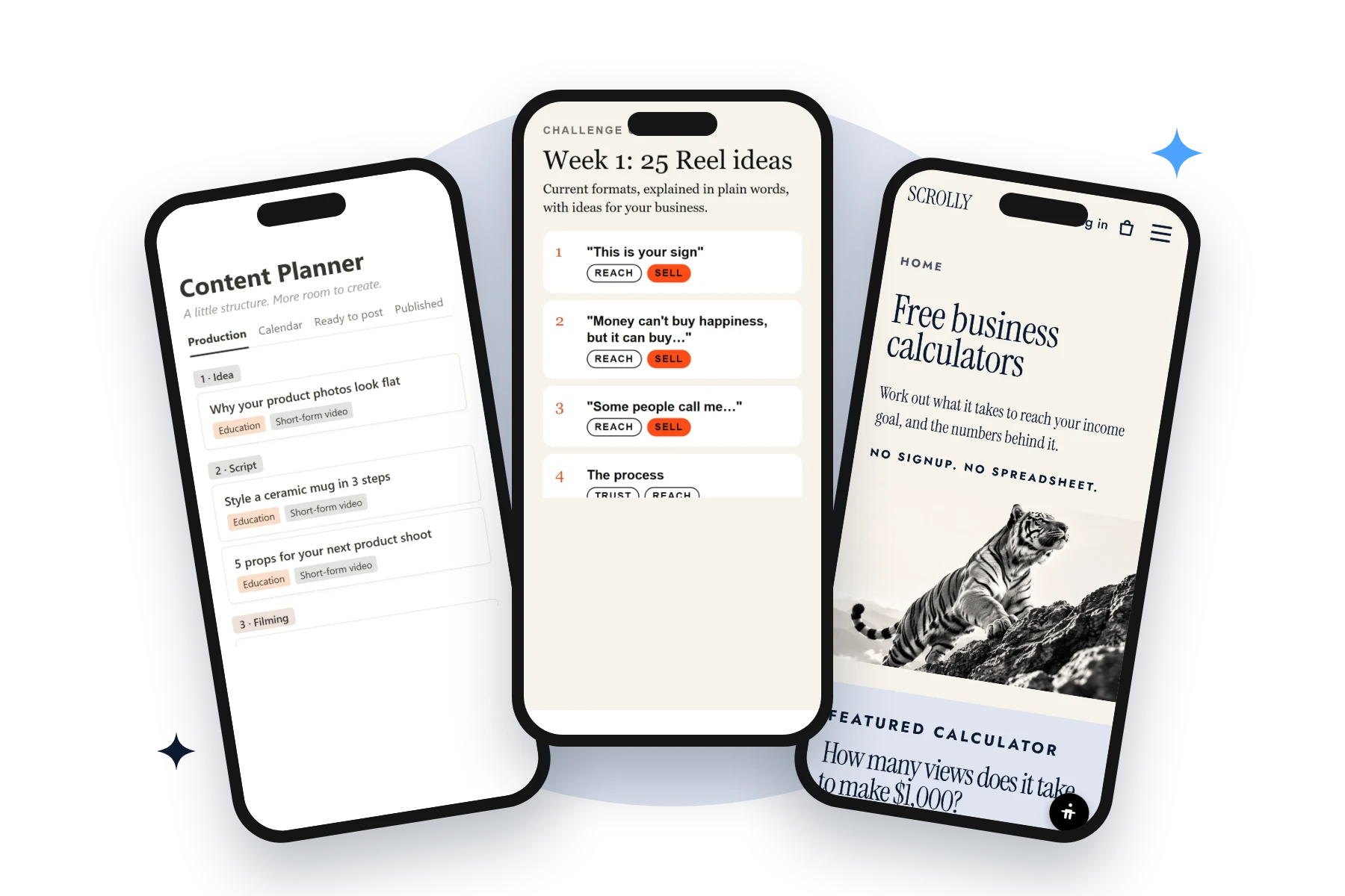 Scrolly $1K Club Playbook collage with desktop and phone previews
