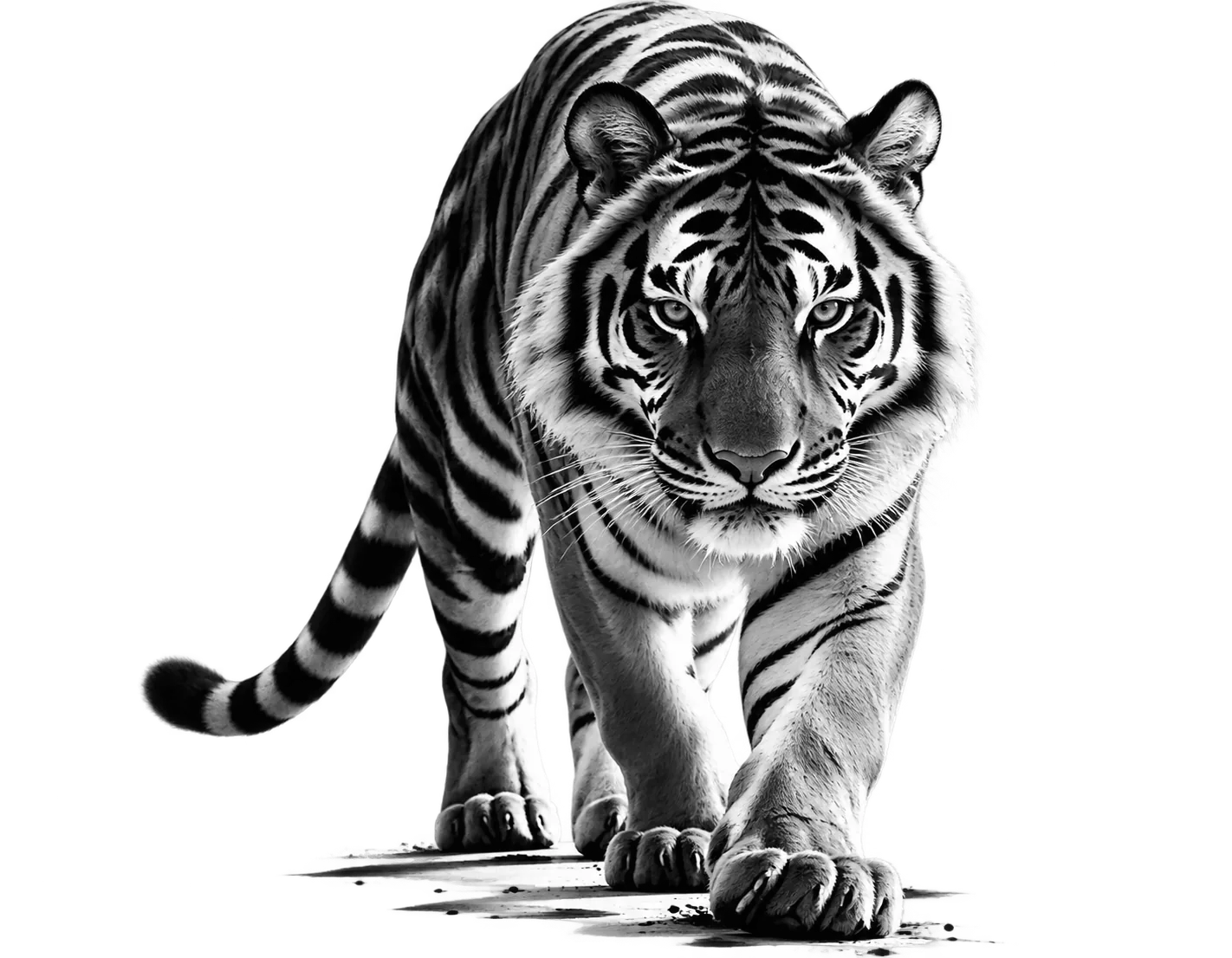 Black and white tiger walking forward