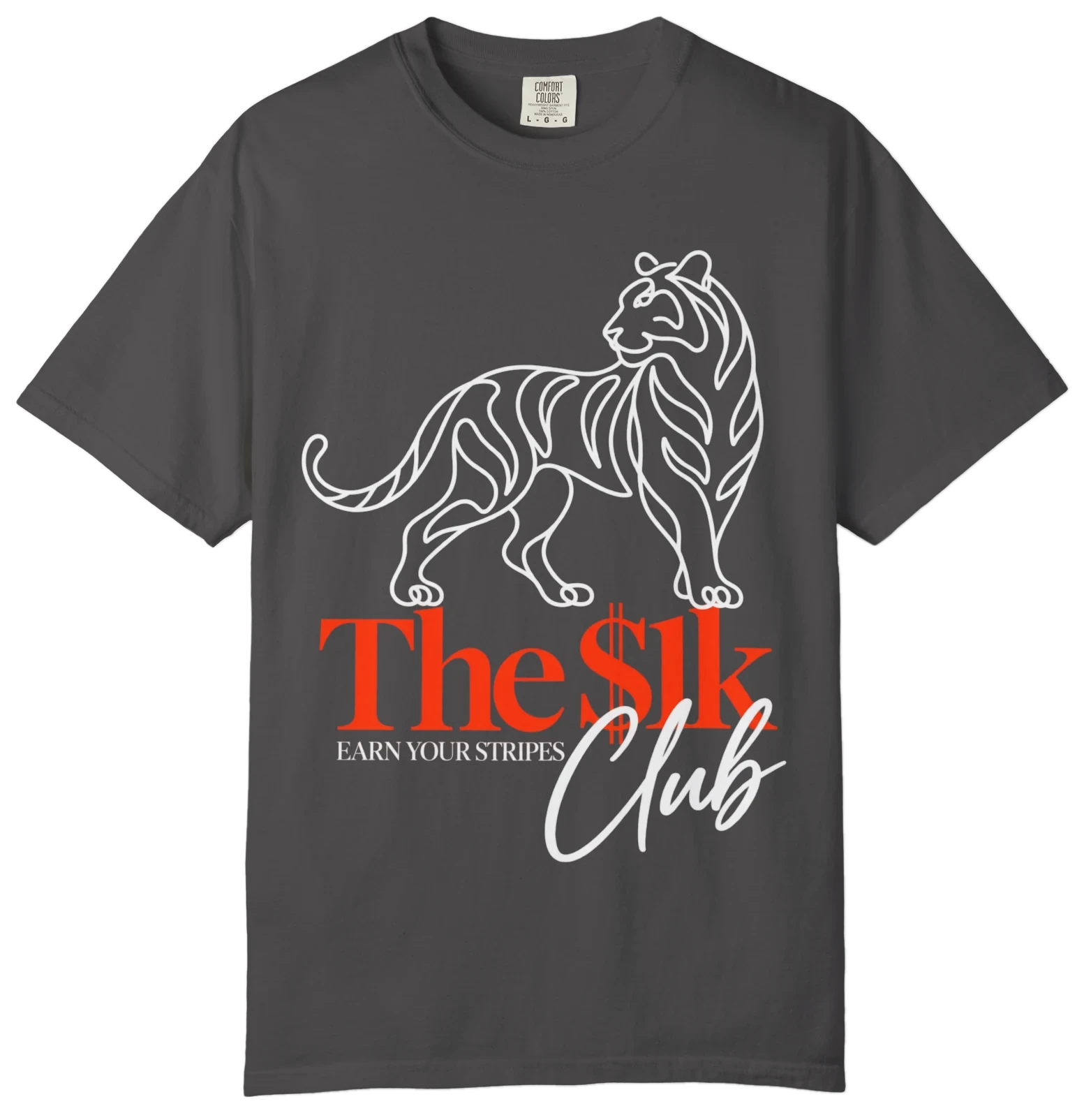 The graphite $1K Club winner shirt: a white line tiger above The $1k Club and Earn your stripes.