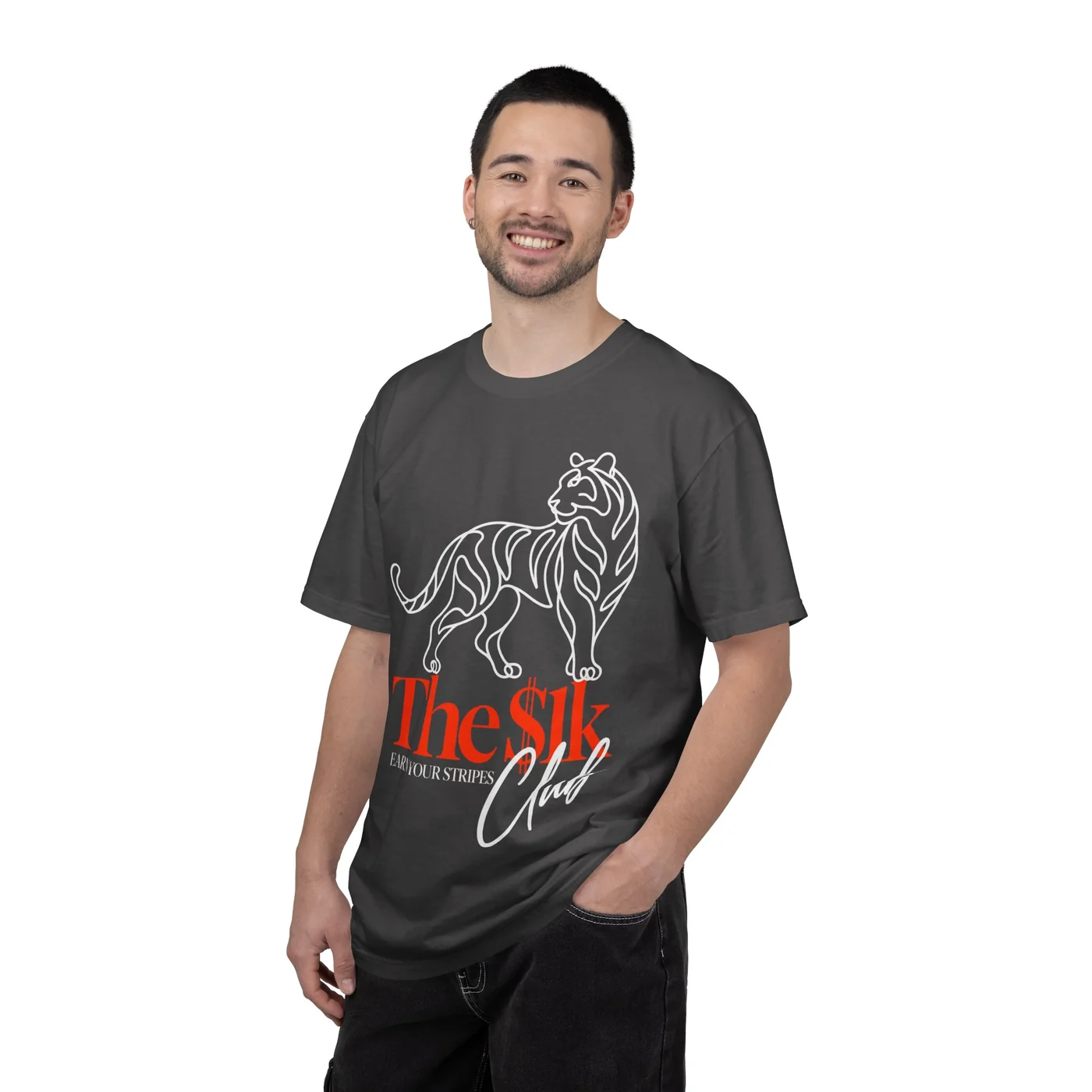A man wearing the graphite $1K Club winner shirt.